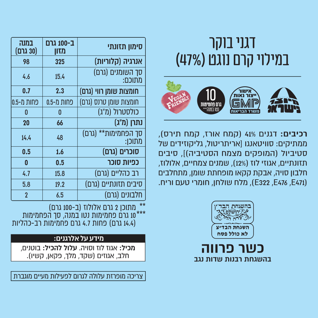 רשימת הרכיבים והערכים התזונתיים של דגני בוקר במילוי קרם נוגט ללא סוכר